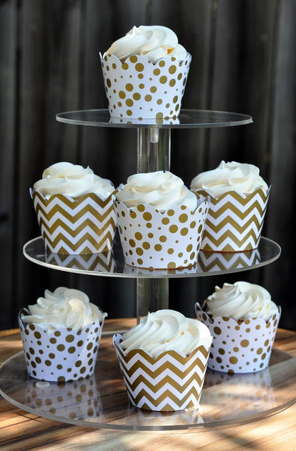 Set of 24 Gold and White Cupcake Wrappers - Reversible Cup Cake Holder Wraps with Dots, Chevrons for Parties