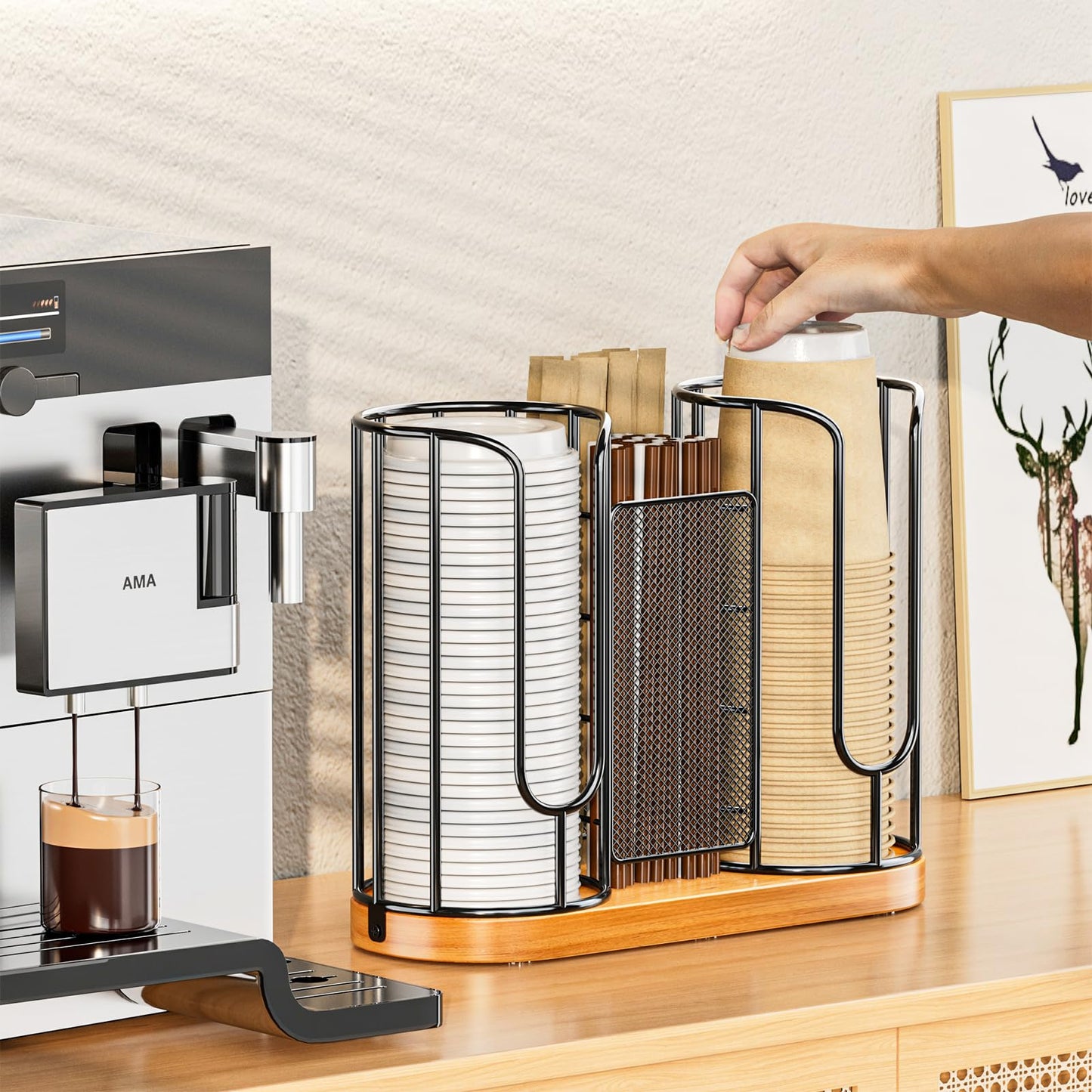 Coffee Cup and Lids Holder - Disposable Cups Straws Organizer with Wooden Base - Paper Plastic Cup Holder Dispenser Storage for Countertop Coffee Station Bar Restaurant Office Breakroom Shop Kitchen