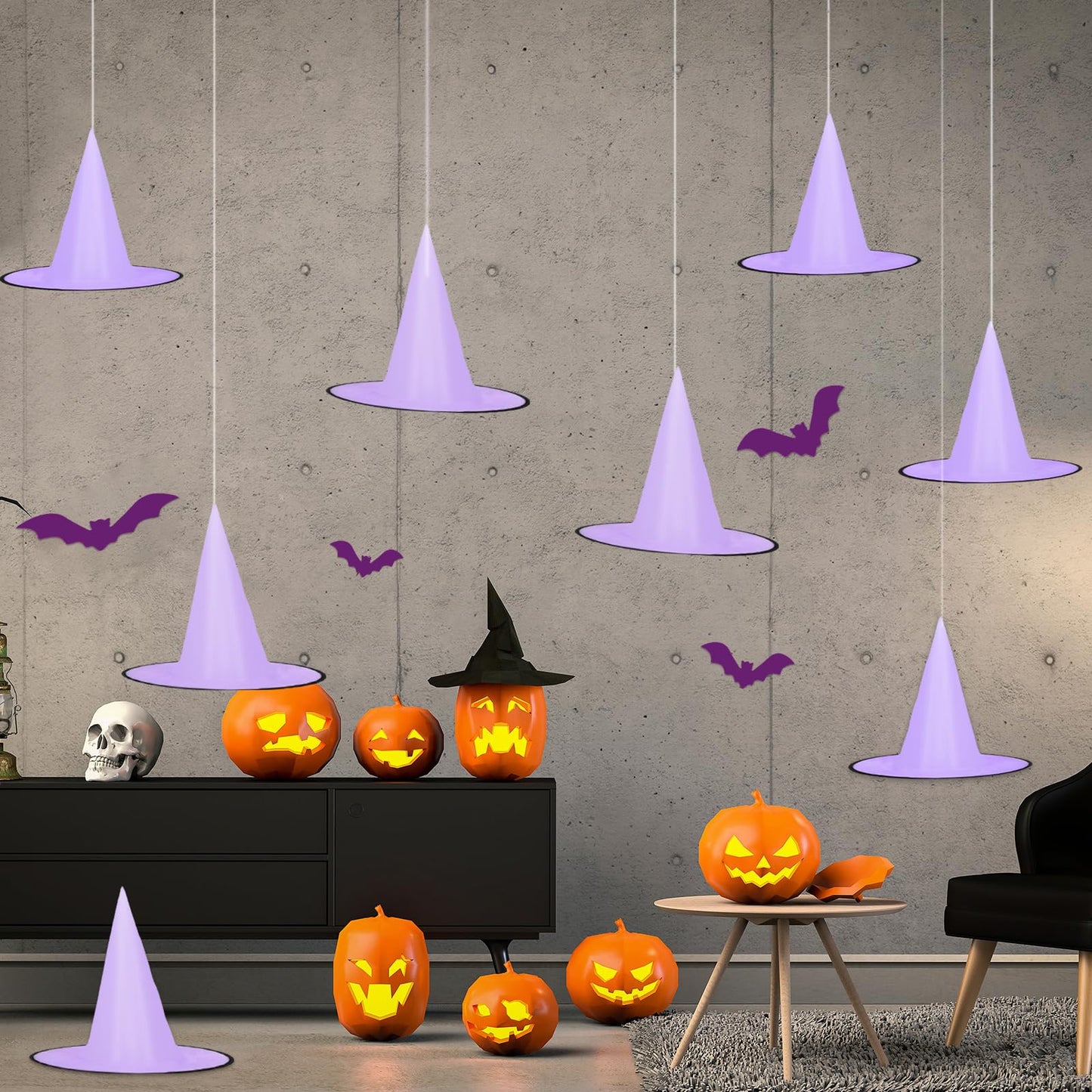 Whaline 14Pcs Halloween Purple Witch Hats with 109 Yard Hanging Rope 32Pcs 3D Bat Stickers Hanging Witch Caps for Home Garden Yard Lawn Decoration