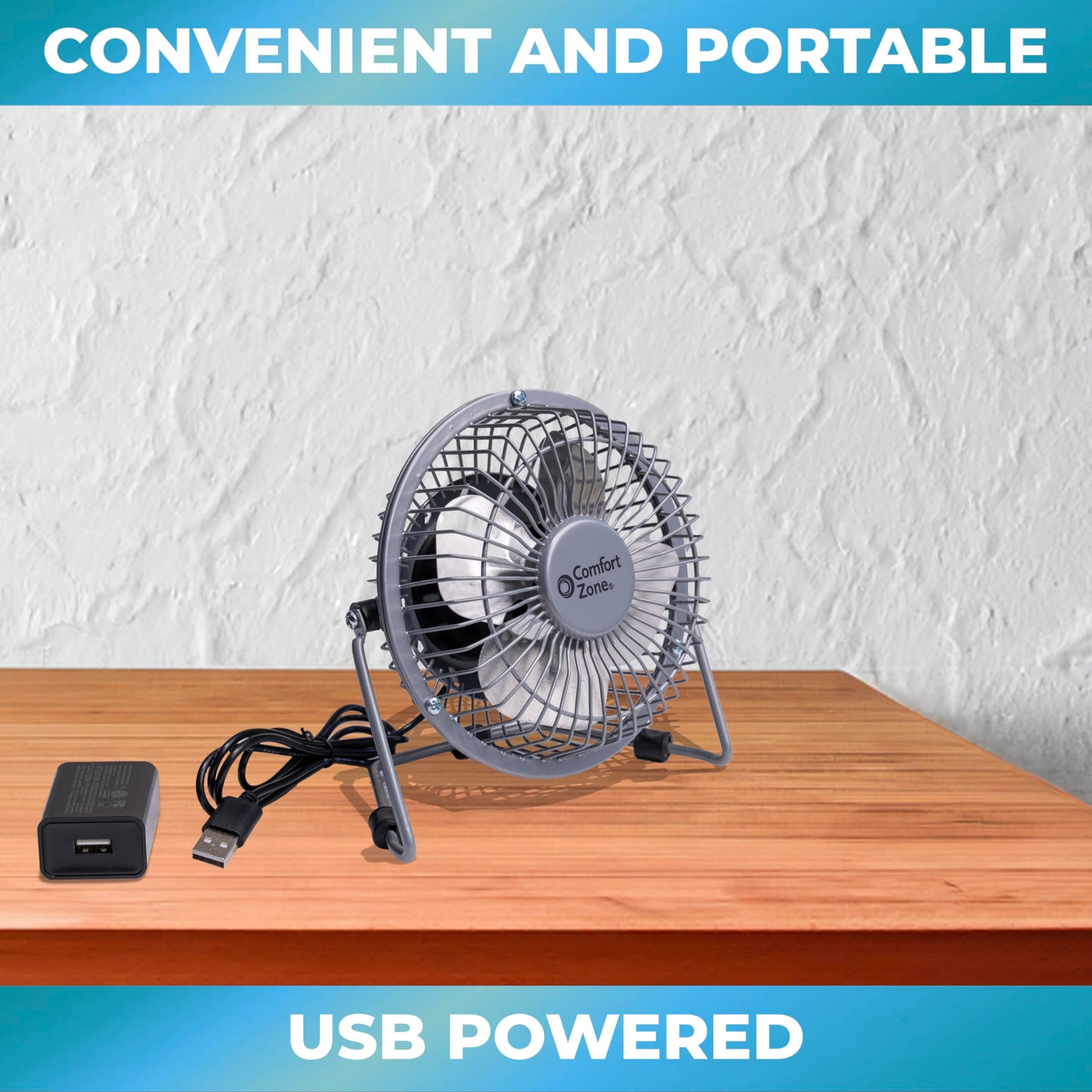 Comfort Zone 4-inch All-Metal Desk Fan with USB or Power Cord, Single Speed, 360 Degree Adjustable Tilt, Compact & Durable Mini Electric Fan for Home, Office or Travel Use, Black