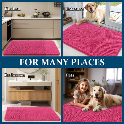 OLANLY Dog Door Mat - Absorbent Non-Slip Washable Chenille Mat for Muddy Paws | 34x21 Hot Pink