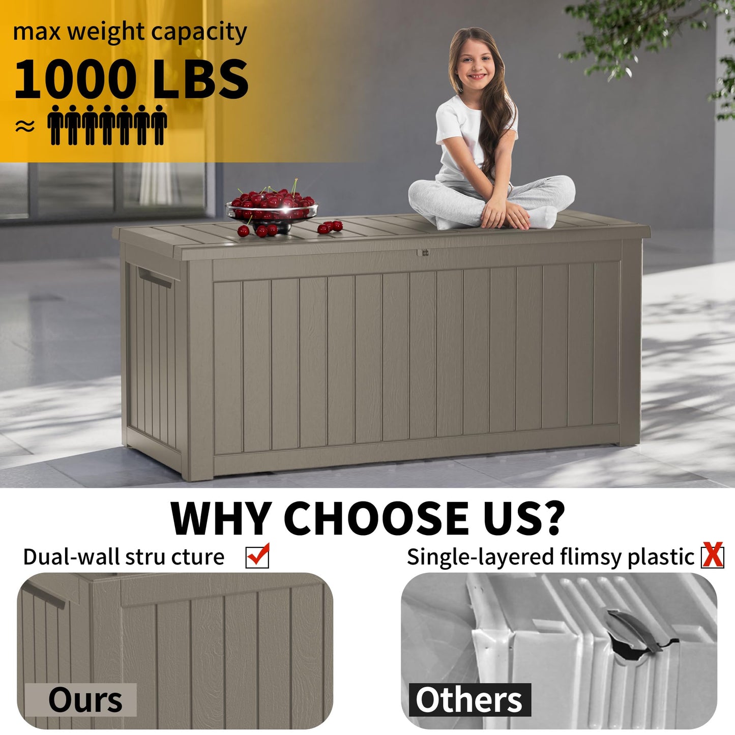 MONDAWE 230 Gallon Resin Deck Box Waterproof Outdoor Storage Box Lockable Patio Storage Container Bench Seating for Cushions Garden Tools Pool