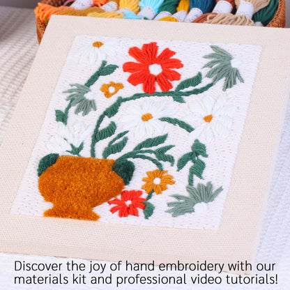 Harimau Punch Needle Kit for Beginners | Punch Embroidery with Red & White Flower Pattern on Beige Backdrop | Craft Kit Includes Embroidery Tools, Yarns,Stitch Book & Video Tutorial | Gifts for Women