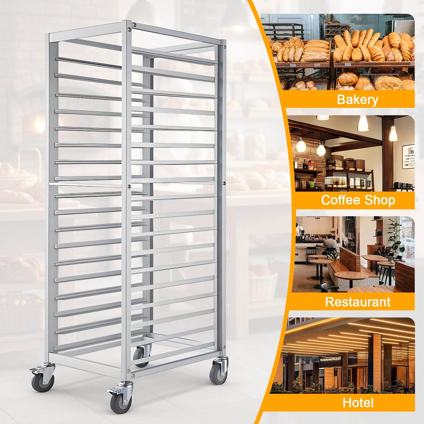 18-Tier Half & Full Sheet Bun Pan Rack - Bread Bakers Rack for Commercial Kitchen, Rolling Baking Cart with Brake Wheels, 24" L x 18.3" W x 70.3" H