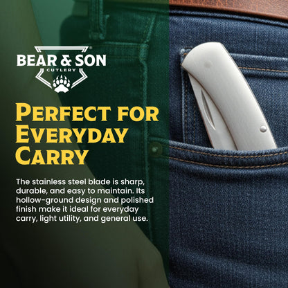 BEAR & SON 125 Executive Lockback Pocket Knife – Small Traditional Stainless Steel Folding EDC w/Brushed Handle, High Carbon Stainless Drop Point Plain Edge Blade, Manual Nail Nick Opening, USA Made