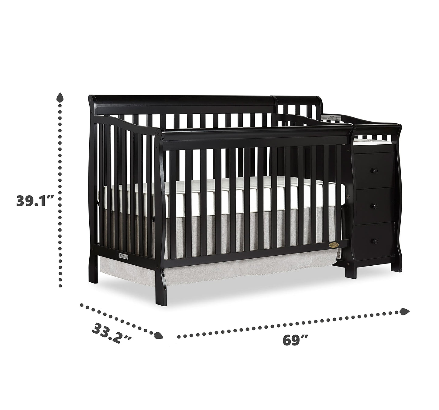Dream On Me Brody 5-in-1 Convertible Full-Size Baby Crib & 3-Drawer Changer in Black, Pinewood, GreenGuard Gold & BSA, 1” Changer Pad, 3 Mattress Heights, Converts to Toddler & Full Size Bed