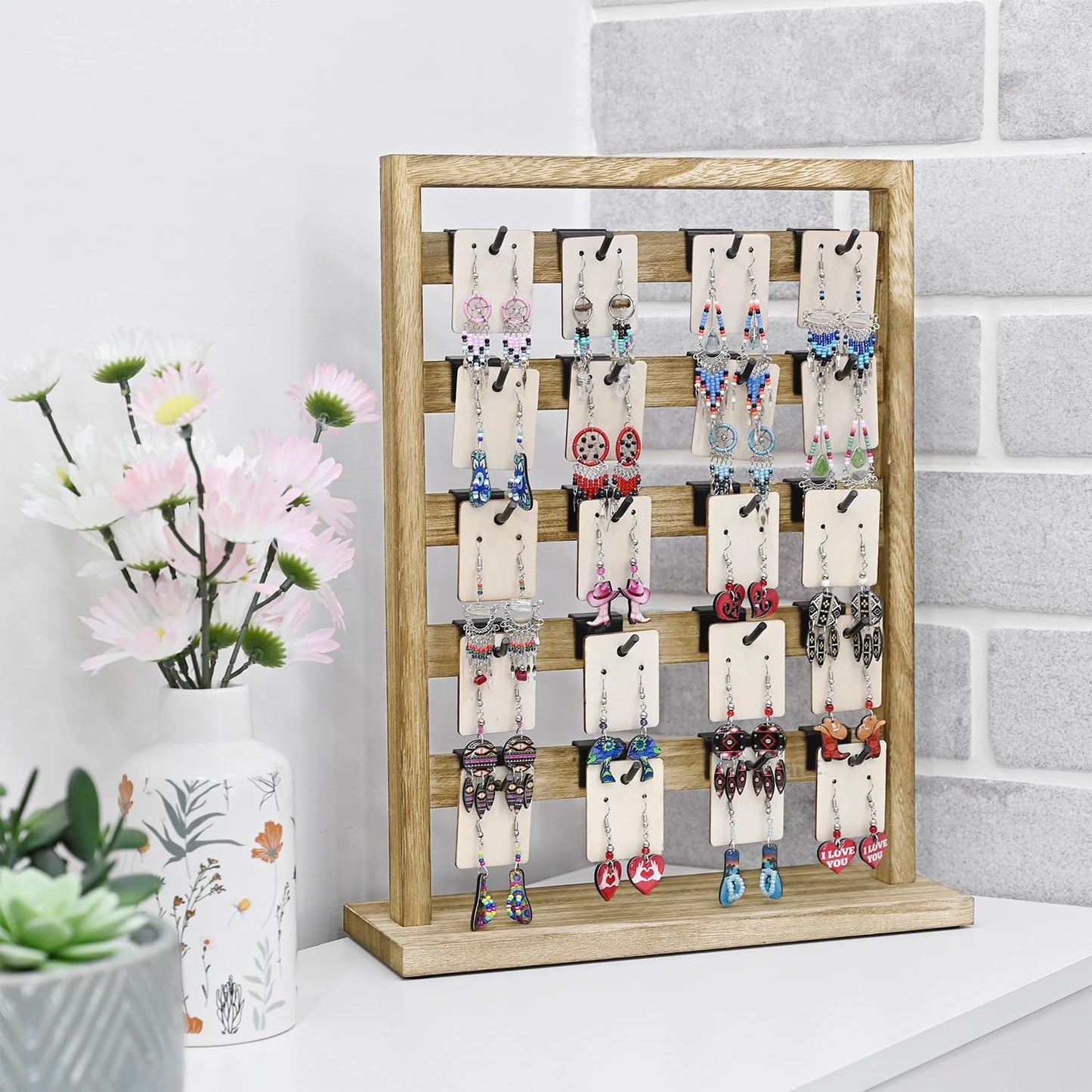Ikee Design Wooden Jewelry Display Rack with 20 Removable Metal Hooks, Earring Card Display Holder Stand for Earring Cards, Necklaces, Bracelet, Keychain Stand, Oak Color