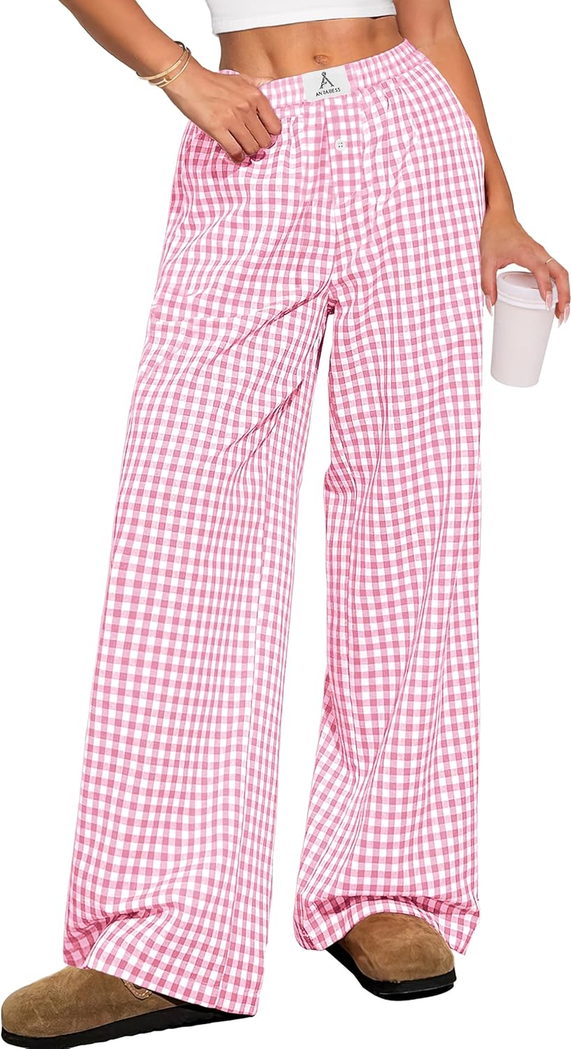 ANRABESS Womens Striped Gingham Pants 2025 Pajama Lounge Boxer Pants Cute Comfy PJ Bottoms with Pockets Y2K Plaid Outfits