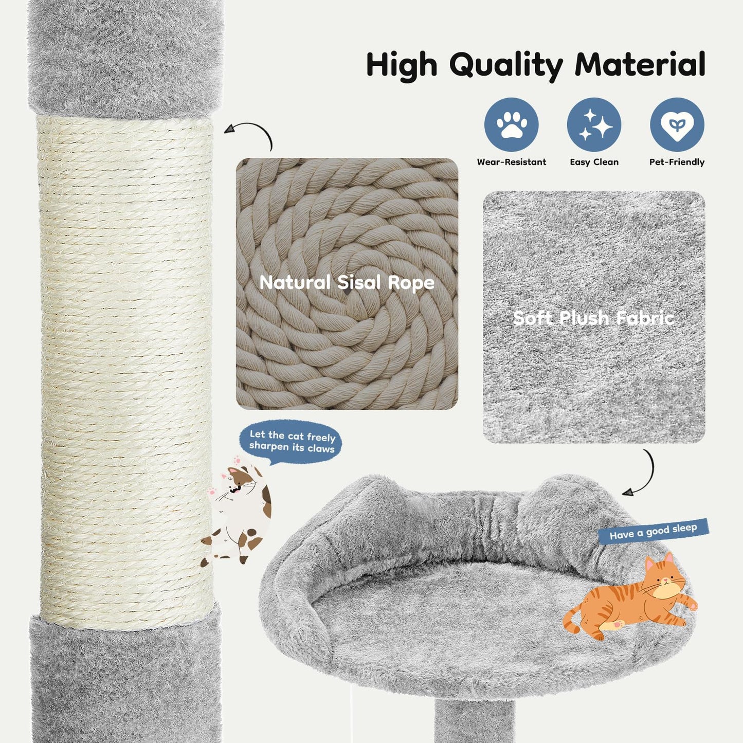 DUMOS 54-inch Indoor Cat Tree Tower –Multi-Level Pet House for Large Cats with 2 Condos, Scratching Posts, Round Platform, Small Ladder, and Toys, Light Grey