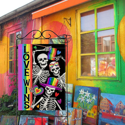 Dyrenson Pride Love Wins Rainbow Gothic Skeleton 28 x 40 House Flag Double Sided, Skull LGBTQ Gay Lesbian Garden Yard Decoration, LGBT Bisexual Pansexual Burlap Outdoor Decor Decorative Large Flag