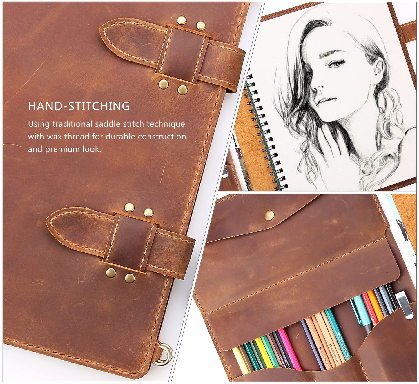 Robrasim Handmade Leather Sketchbook Cover, Artist Sketch Pad Holder for 9"X12" Sketchbook, Drawing Book and Pencil Case, Journal Notebook Portfolio with Shoulder Strap, Artist Gifts, Brown