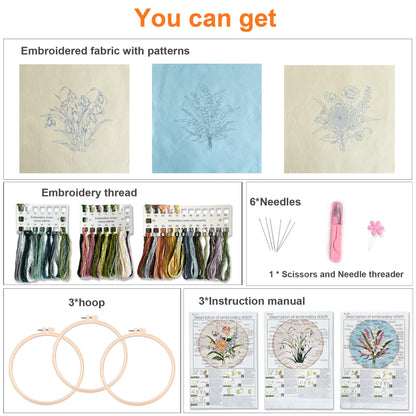 Myfelicity Embroidery kit for Adults and Beginners, Includes 3 Floral Pattern Fabrics, 3 Embroidery Hoops, Embroidery Floss and Other Tools.