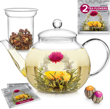 2 2-in-1 Teabloom Stovetop & Microwave Safe Glass Teapot with Removable Loose Tea Glass Infuser Includes Blooming Teas