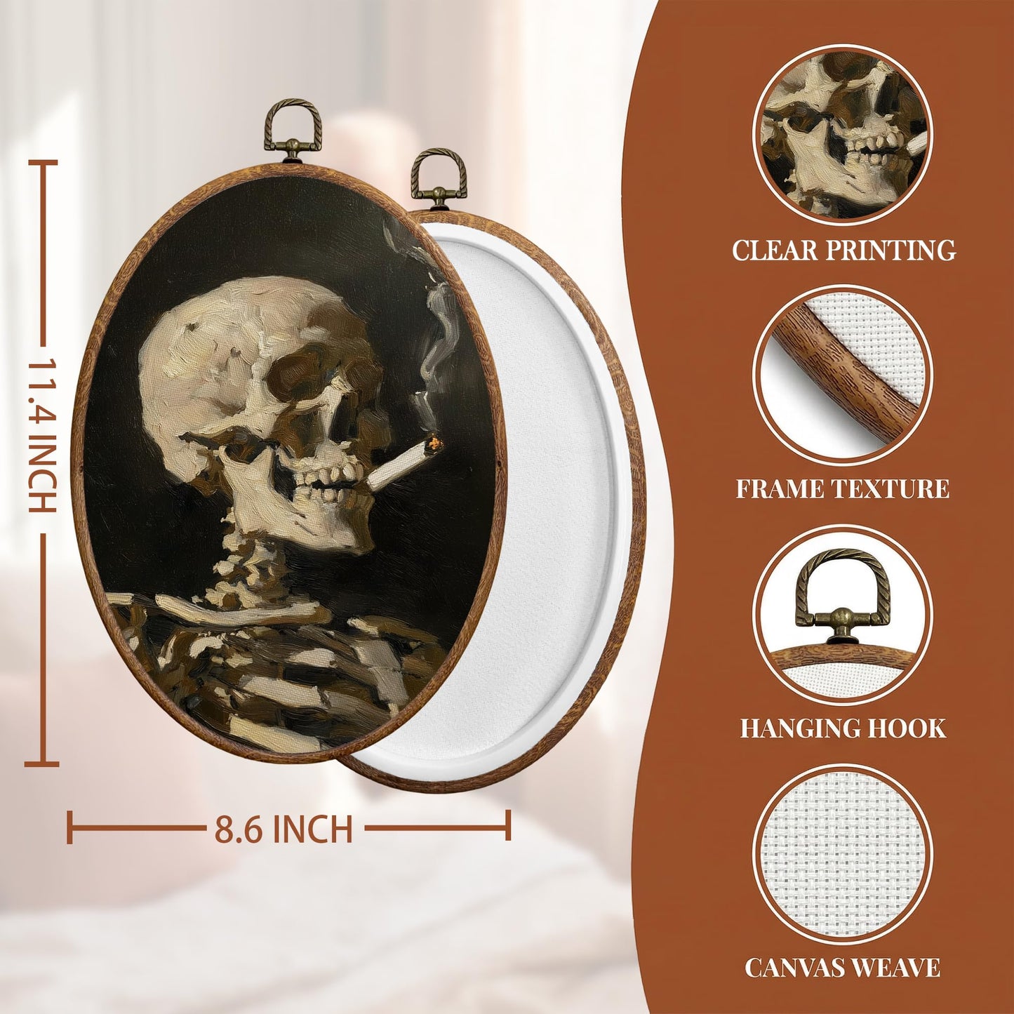 SONMYSULIL Funny Gothic Skeleton Wall Art Decor, Whimsical Goth Oval Wall Hanging Decor, Antique Moody Smoking Skeleton Framed Canvas Prints for Home Bedroom Living Room, 8.6x11.4 Inch