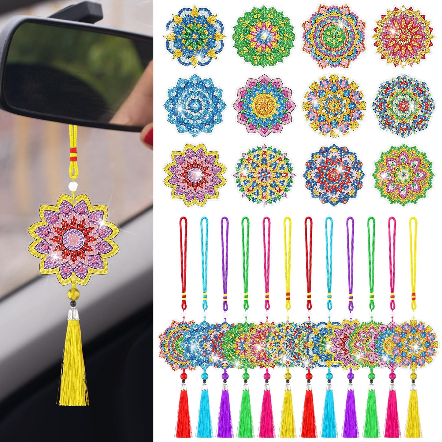 JenPen 12 Pcs Diamond Painting Car Ornaments Diamond Art Ornament for Car Double Sided Painting Hanging Ornament Crystal Gem Garden Decoration Paint DIY Kit (Classic Mandala)