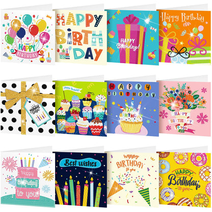 Saillong 12 Pack Happy Birthday Diamond Painting Greeting Card Kits DIY Diamond Art Cards with Envelopes Birthday Cake 5d Rhinestones Painting Kits for Adults DIY Crafts Family Friend Birthday Gifts