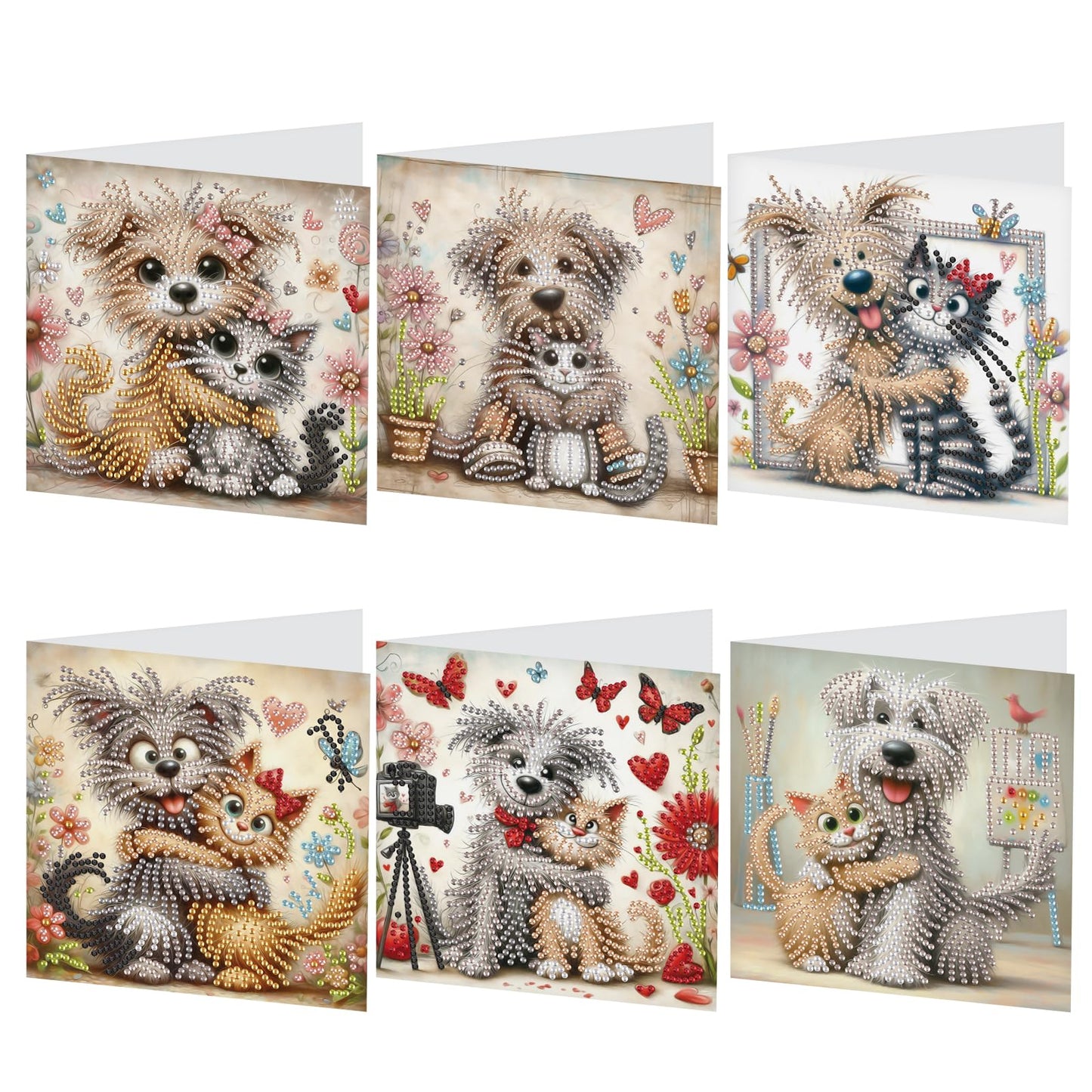 6 Pcs 5D Diamond Painting Greeting Cards Kits, Handmade Festival Greeting Cards with Envelopes DIY Diamond Art Crafts Birthday Cards Laser Effect for Birthdays Holidays Celebrations (Cat Dog Cuddling)