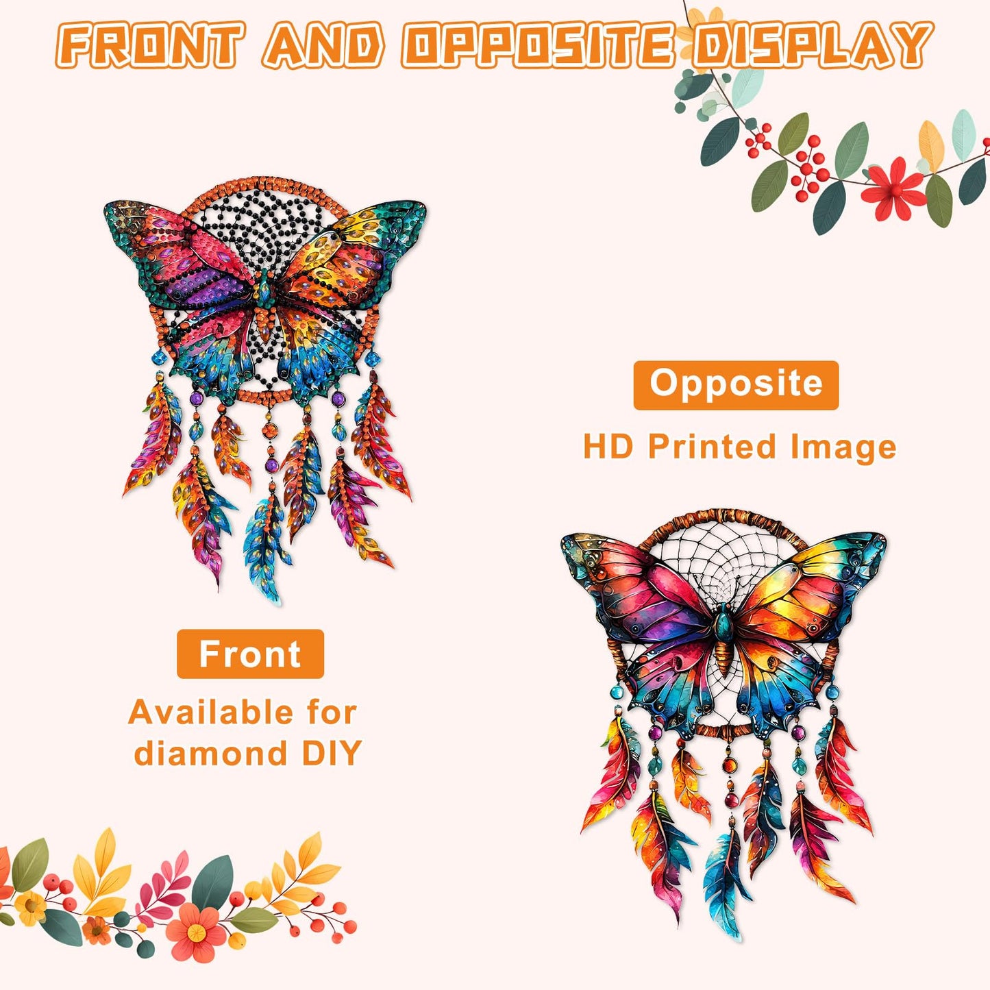 KEYIFA Butterfly Diamond Art Hanging Kits with Chain, Special Shaped Drill Diamond Painting Pendant, Dreamcatcher Crystal Gem Art Pendant 5D Window Crafts for Wall Garden Door Decor, Width 7.9inch