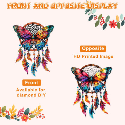 KEYIFA Butterfly Diamond Art Hanging Kits with Chain, Special Shaped Drill Diamond Painting Pendant, Dreamcatcher Crystal Gem Art Pendant 5D Window Crafts for Wall Garden Door Decor, Width 7.9inch