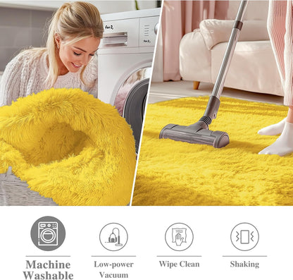 OLANLY Yellow Round Area Rug - Soft, Fluffy, Machine Washable 6 ft Circle Carpet for Bedroom & Living Room