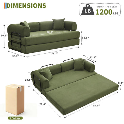 IDEALHOUSE 4 in 1 Convertible Sleeper Sofa Bed Couch, 79 Inch Boneless Corduroy Floor Couch with Pillows, No Assembly, Modern Deep Seat Sofa Futon Mattress for Living Room,Apartment,Green