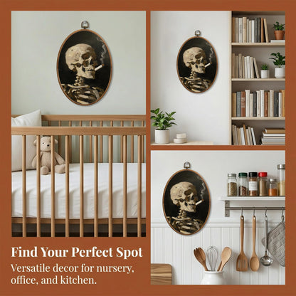 SONMYSULIL Funny Gothic Skeleton Wall Art Decor, Whimsical Goth Oval Wall Hanging Decor, Antique Moody Smoking Skeleton Framed Canvas Prints for Home Bedroom Living Room, 8.6x11.4 Inch