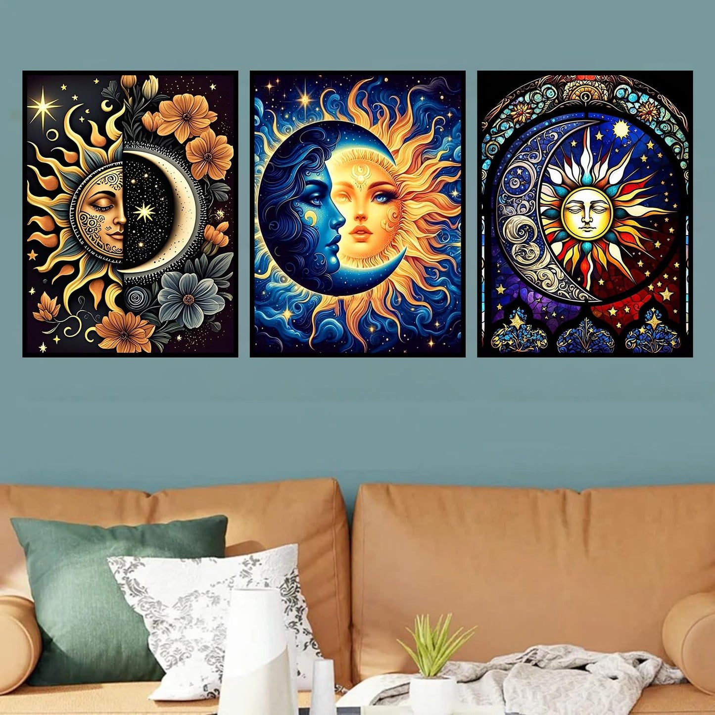 DIPQYART 3 Pack Diamond Art Kits for Adults, Sun and Moon Diamond Painting Kits for Adults, 5D DIY Round Drill Gem Art Paint with Diamonds Dots Crafts Kits for Home Decor Gift 12x16inch