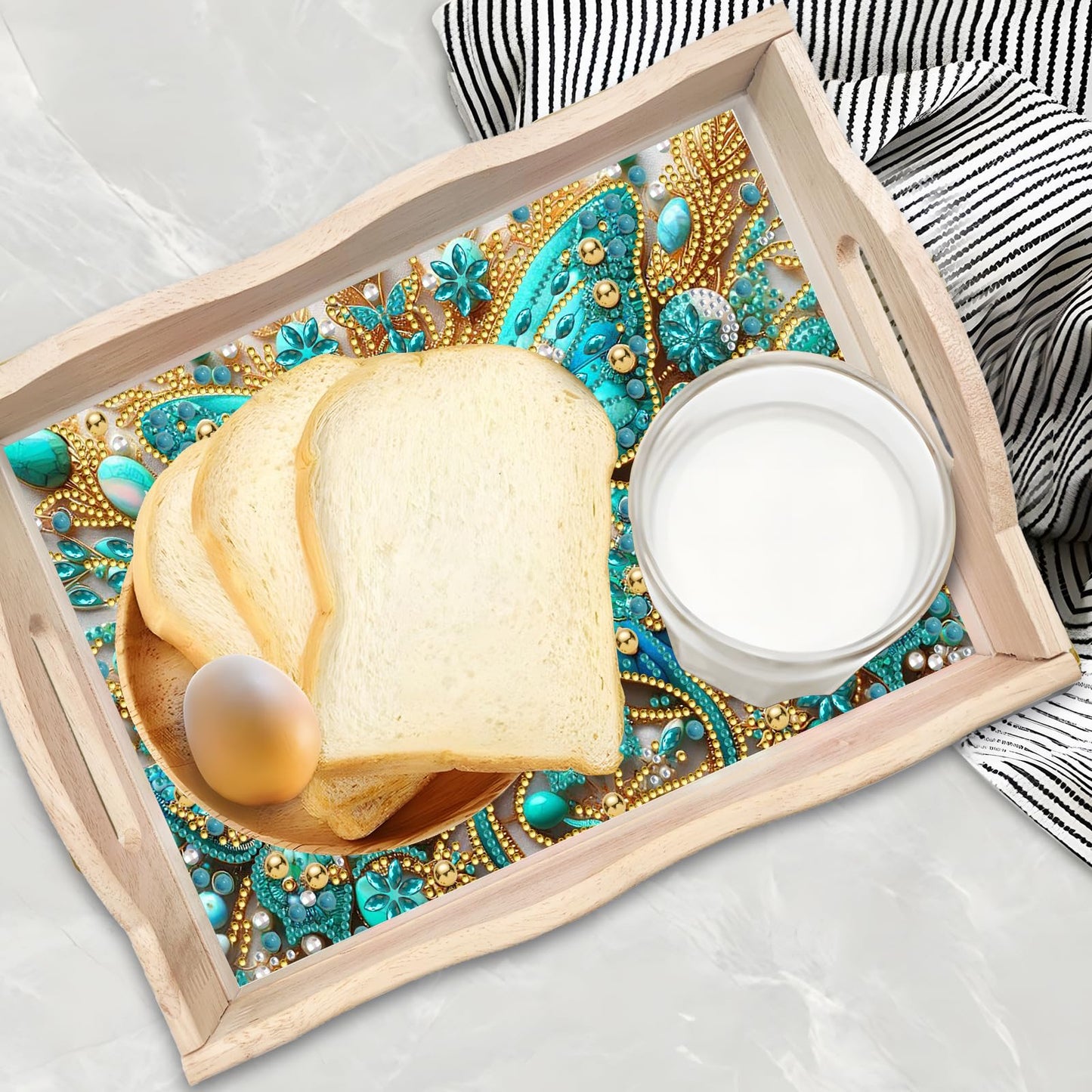 ARTopet DIY Diamond Art Painting Creative Design Handmade Wooden Serving Tray Dinner Plate Partial Diamond Art Breakfast Tray for Coffee Living Room Home Organizer - Green Butterfly