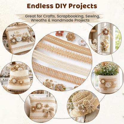 VGOODALL 16 PCS Natural Burlap Flowers Set, Including 12 PCS Handmade Lace Flowers and Bowknots, 4 Rolls Burlap Ribbon for Christmas Birthday Party Wedding Home Embellishment DIY Crafts