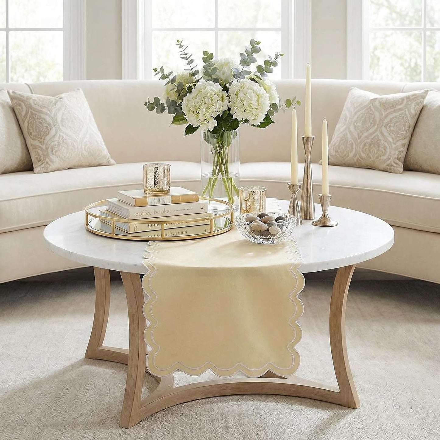 15 36 Inch, yuboo Small Scalloped Table Runner x Vintage Short Champagne Coffee Table Cover, Dresser Scarf for Bedroom