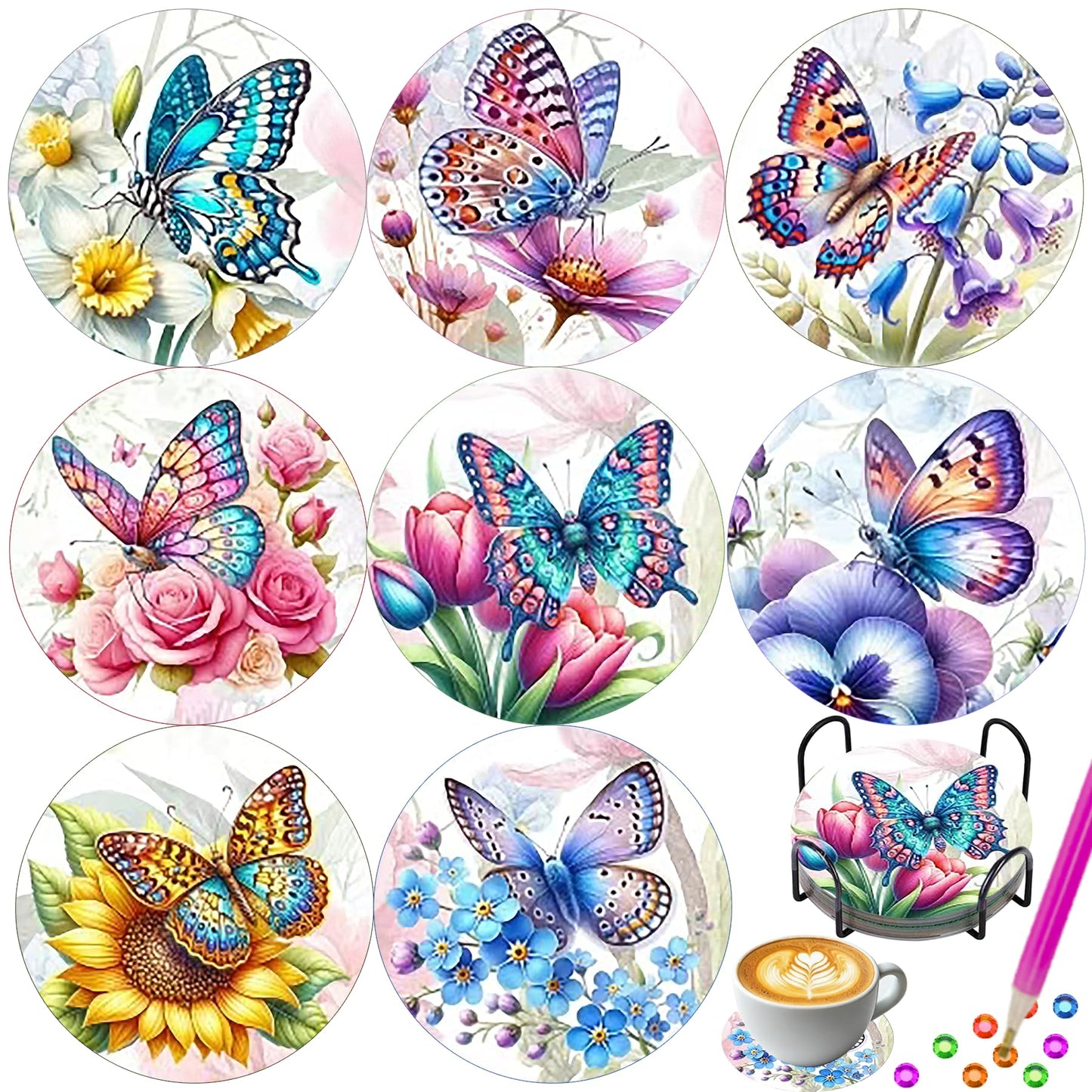 EOTHSW Diamond Art Coasters 8 Pack with Holder DIY Diamond Painting Coasters Crafts Kits for DIY Coaster Diamond Art Kits for Adults Gift 4X4 in (Butterfly-8pc)