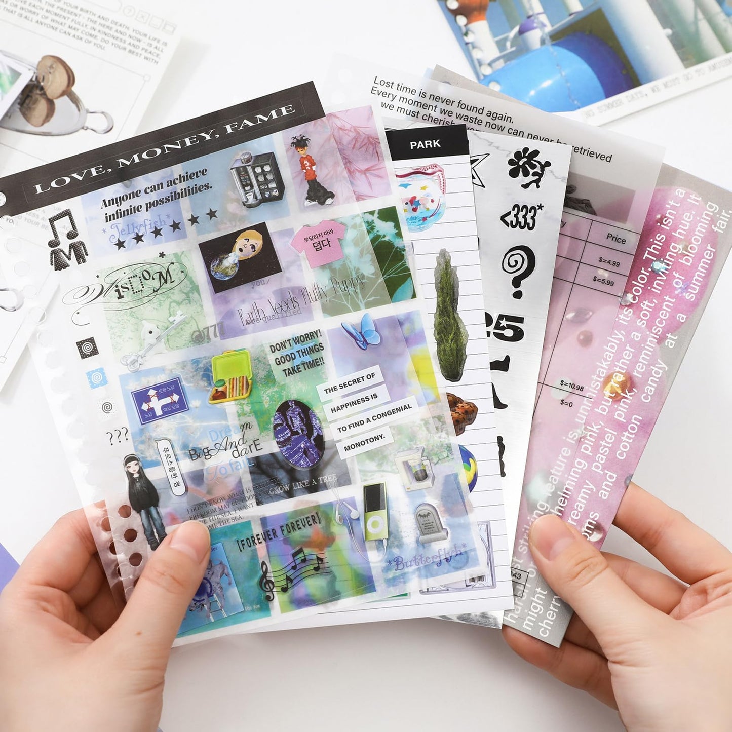 ZHIJIANHZ Premium Stcker Book for Scrapbooking, 65 Sheets Including Patterned, Vellum and Glitter Paper, Junk Journal Supplies for Adults with Vintage Stickers, 4.9 x 6.9 Inches