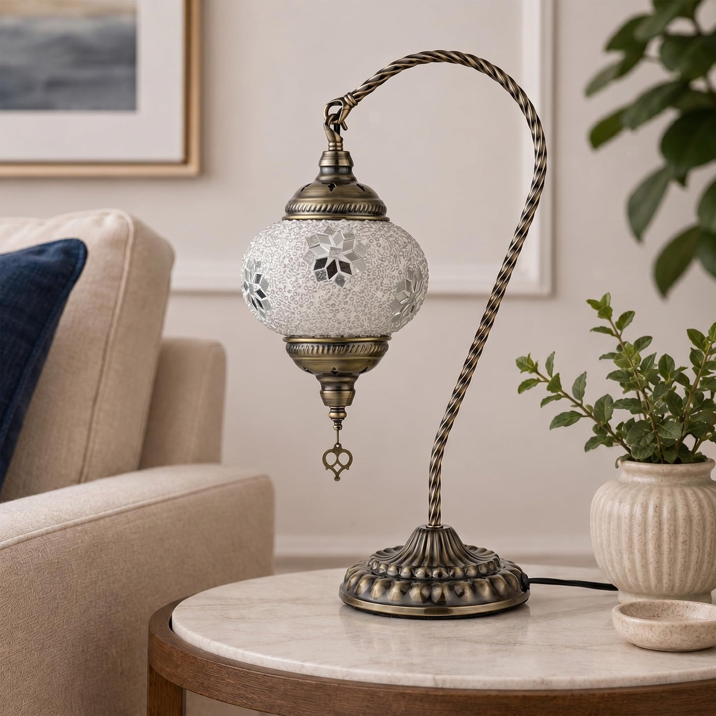 GOGERS Swan Neck Turkish Moroccan Lamp Handmade Stained Mosaic Glass Vintage Lamp Shade Bohemian Tiffany Style Bedside Night Lamp Lighting for Bedroom Living Room (White2)