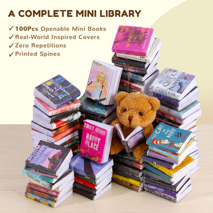 1:12 Scale Mini Desk Set with 100 Mini Books & 2 Bookshelves — Miniature Dollhouse Furniture Set with Office Chair, Computer & 15+ Accessories — Mini Desk Accessories for Doll House Diorama