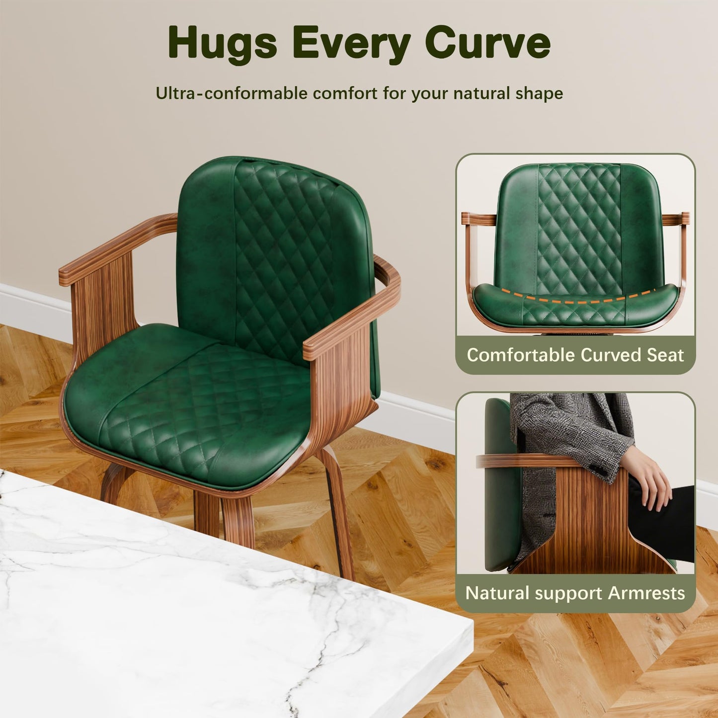 OUTGUAVA Swivel Bar Stools Set of 2, 29" Swivel Counter Height Bar Stools with Arms and High Back, Upholstered Faux Leather Barstools, Modern Bar Chairs for Kitchen Island, Green