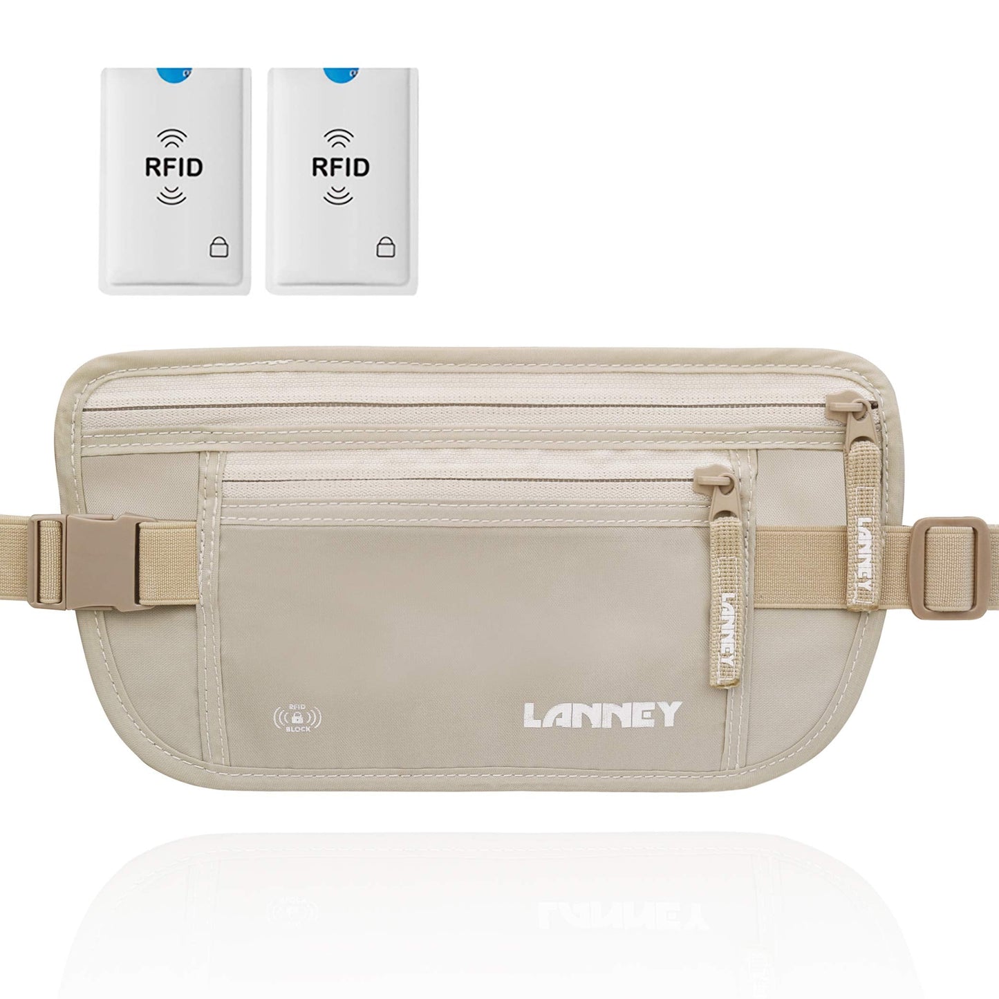 Travel Money Belt Hidden Waist Stash Wallet RFID Blocking Anti-Theft Passport Holder for Men Women, Cream