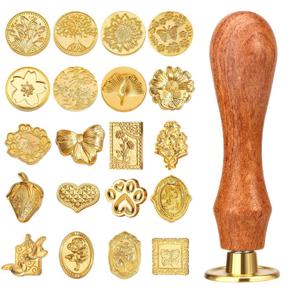 Draupnir Wax Seal Stamp Kit, 21pcs Vintage Classic Sealing Wax Stamp Heads with Wooden Handle, Gold, Ideal for Wedding, Party Invitations, Gift Wrapping