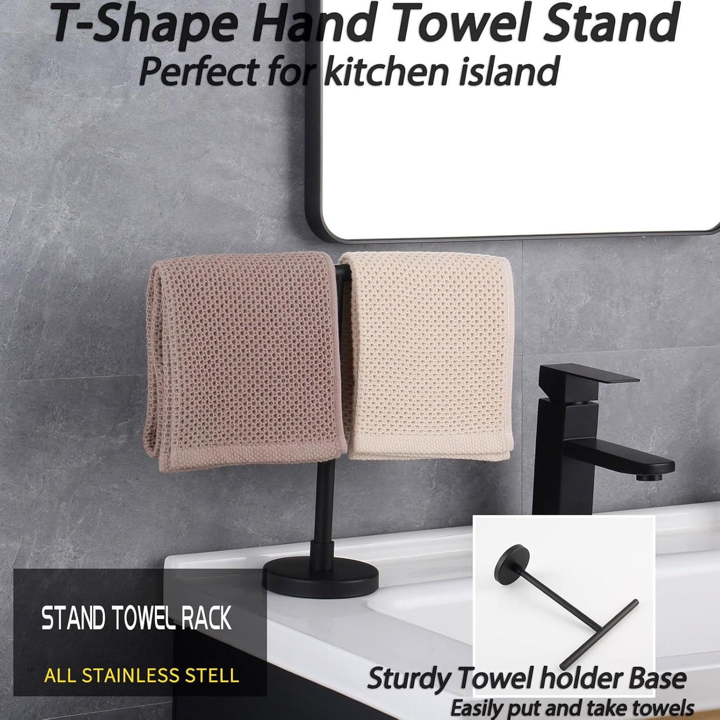 GERZWY Modern Hand Towel Holder Tree Rack Free Standing SUS 304 Stainless Steel Towel Ring, Matte Black DZY06-BK