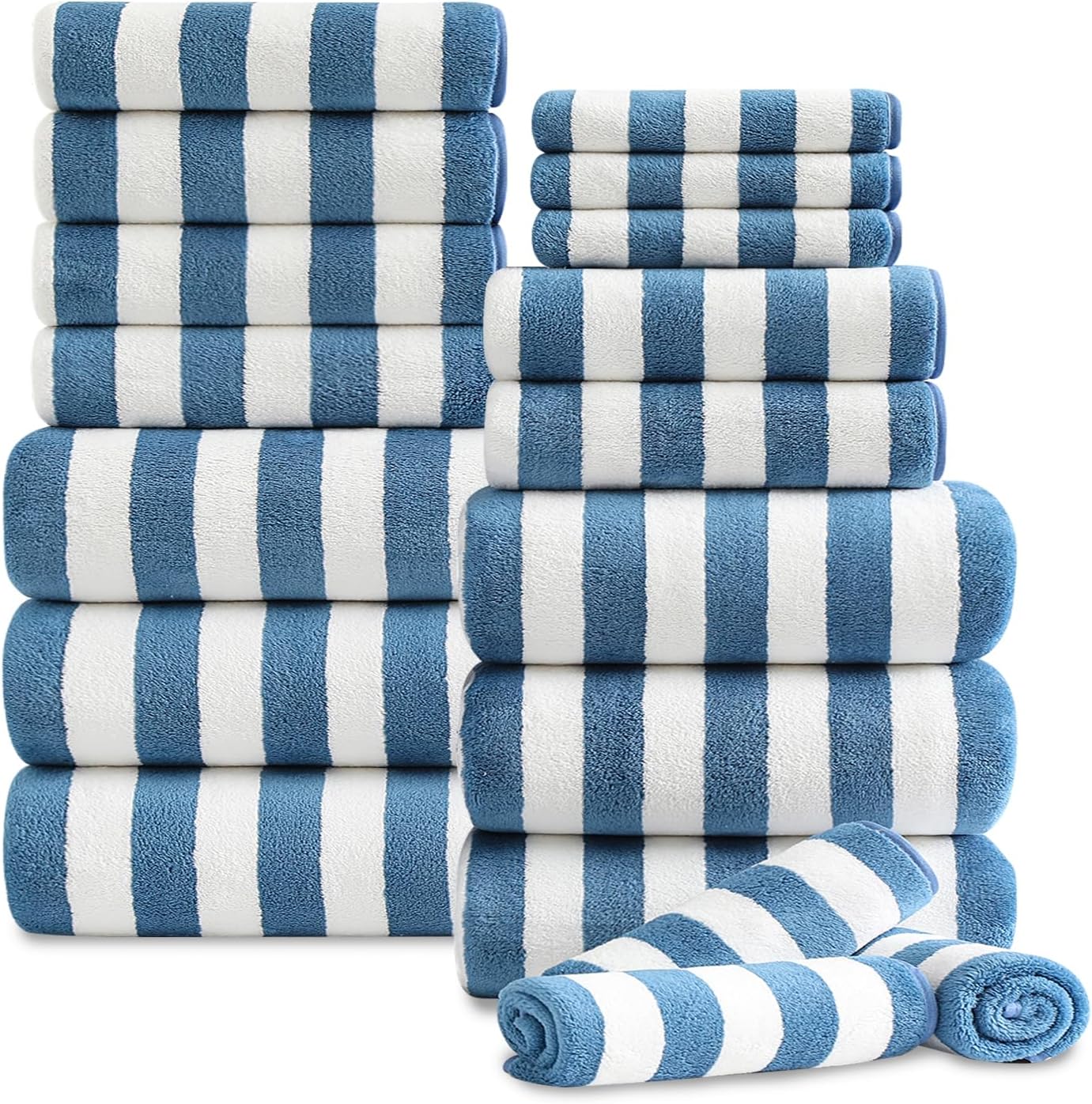 18 Set Loop-6 Towels,6 Towels,6 Set Pcs Navy Stripe Bath Towel with Hanging Bath Hand Washcloths Soft Family Towels