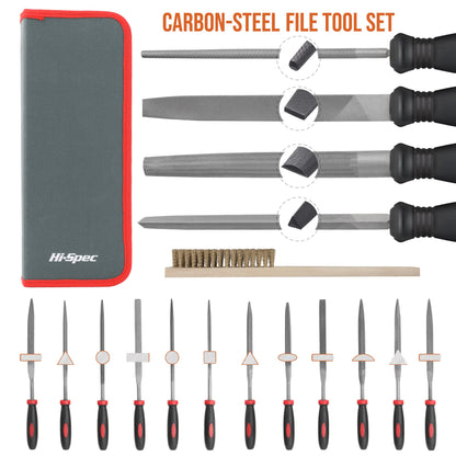Hi-Spec 17 Piece Metal Hand & Needle File Tool Kit Set. Large & Small Mini T12 Carbon Steel Flat, Half-Round, Round & Triangle Files. Complete in a Zipper Case with a Brush
