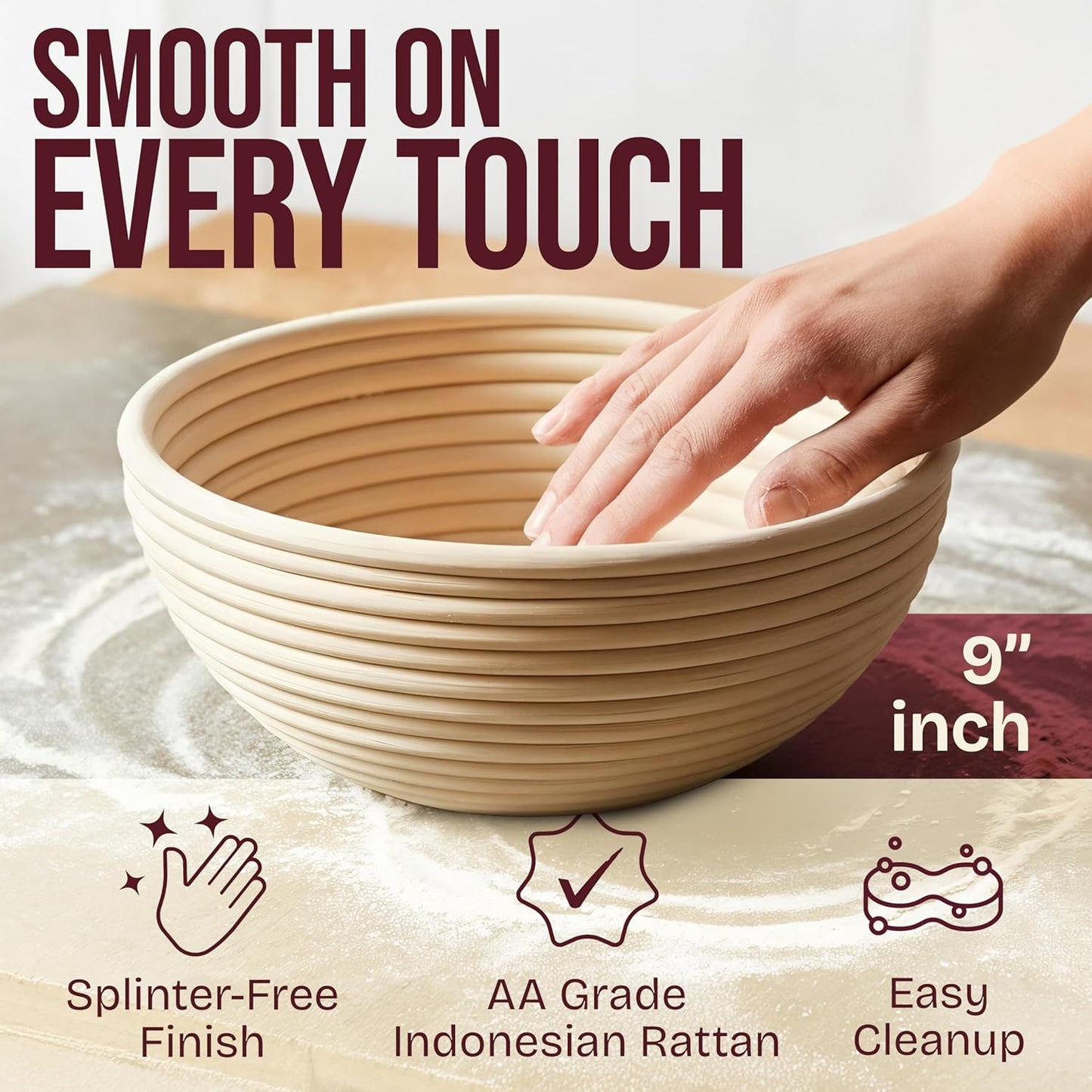 Superbaking Banneton Bread Proofing Basket Set - 9" Round Rattan with Liners for Sourdough Baking