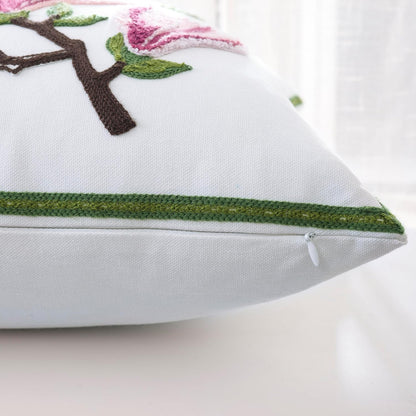 Embroidered Throw Pillow Covers 18x18 Inch Set of 2, Pink Magnolia Flower Spring Pillowcases for Living Room