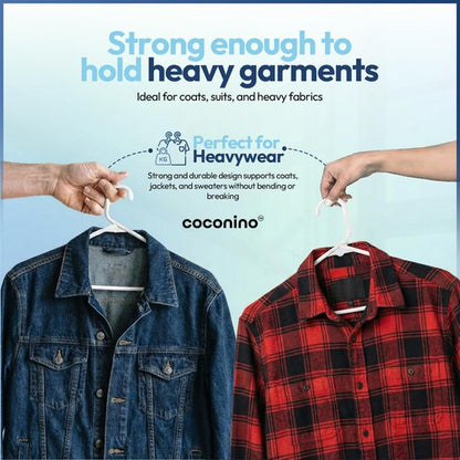 coconino Plastic Hangers 20 Pack - Non-Slip Clothes Hangers with Built-in Hooks - Heavy Duty Space Saving Coat Hangers for Closet - Durable Clothing Hanger for Shirts, Pants, Dress, Coats - White