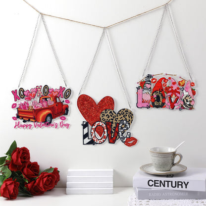 Burbell 3 Pcs Diamond Art Painting Kits - Heart, Love & Gnome Truck Hanging Ornaments & Signs - DIY Painting Art Kits for Adults - Valentine's Day, Window, Door & Wall Decorations