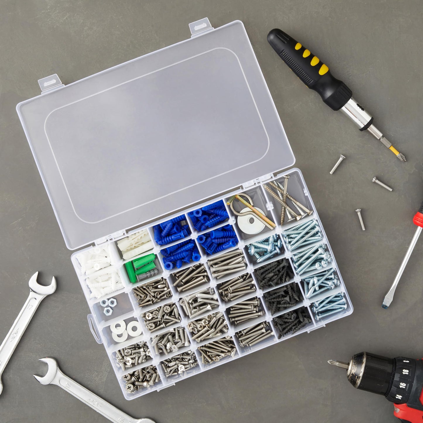 Juvale Jewelry Organizer Box - 3-Pack, 1.7 x 10.75 x 7 In, Clear Plastic - Bead Storage Containers with 36 Compartments & Dividers - Stackable Screw Organizer Box