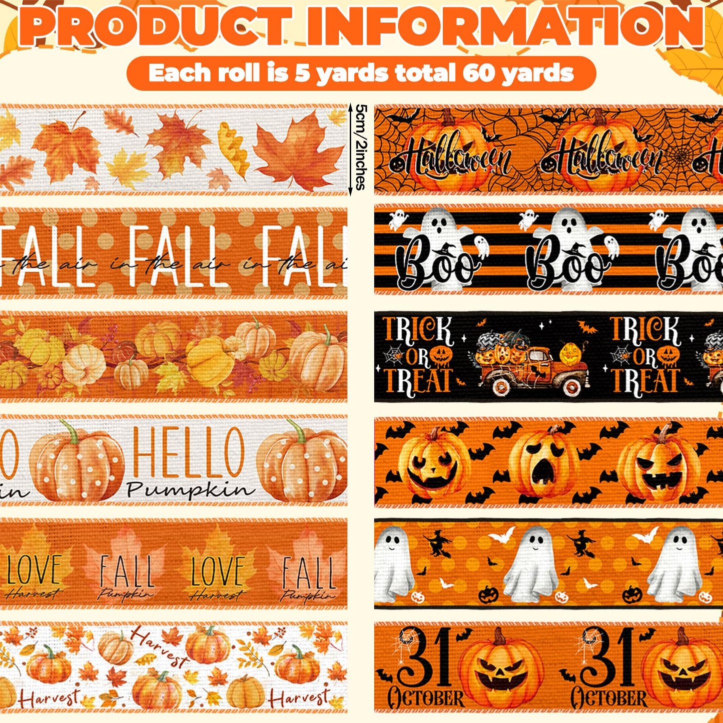 Chunful 12 Rolls Halloween Fall Wired Edge Ribbon 2 Inch x 60 Yards Halloween Fall Ghosts Pumpkins Print Grosgrain Ribbon Orange for Wreath Gift Wrapping Hair Bow Sewing Party Supplies 12 Styles