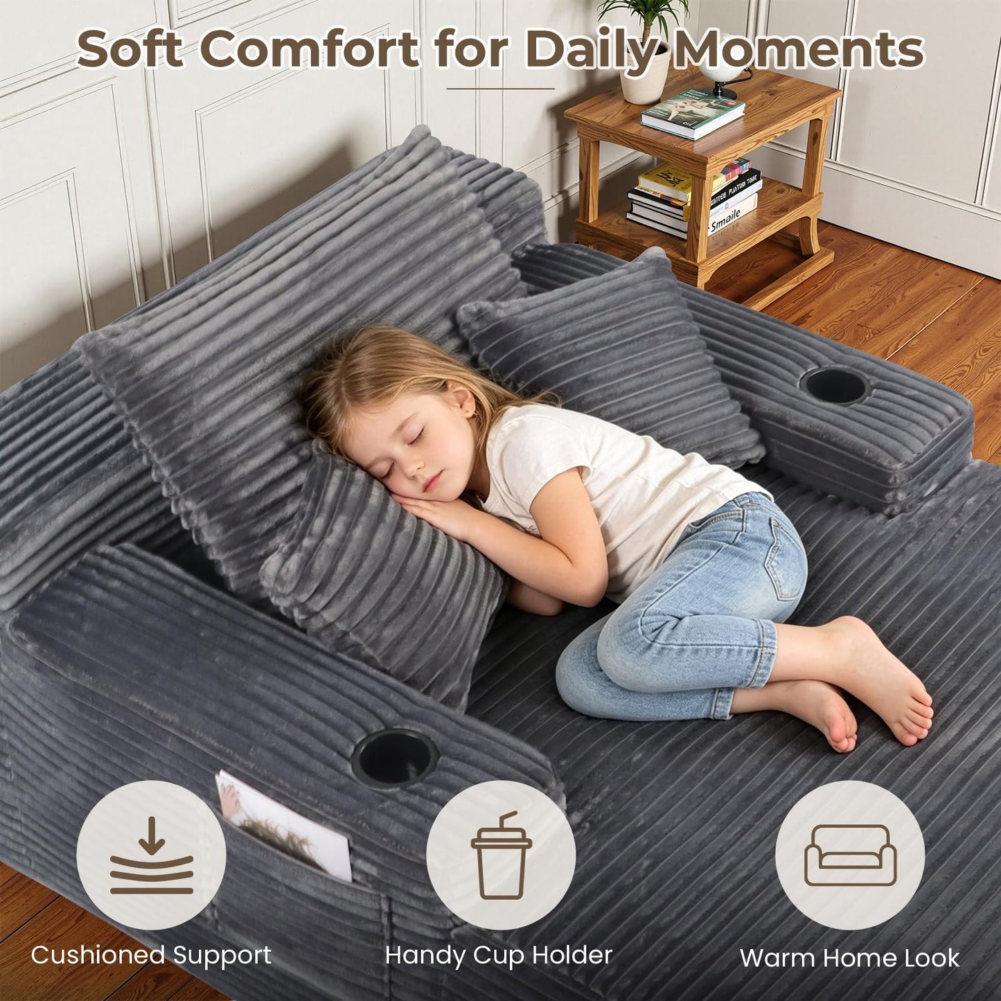 Yafylly 65" Oversized Boneless Chaise Lounge Chair Indoor, Corduroy Sleeper Bed with No Assembly for Living Room, Bedroom, Reading Nook, Lounge, Grey
