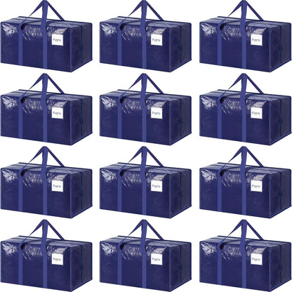 Skiennix Extra Heavy Duty Moving Bags - 12 Pack with Strong Zipper & Comfortable Handles | Dark Blue Storage Totes