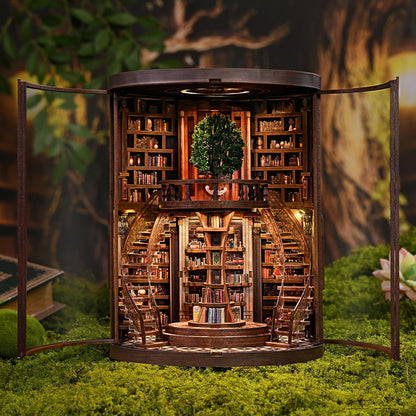 DIY Book Nook Kit with LED Light, Miniature Dollhouse, 3D Wooden Puzzle, Bookshelf Insert Decor Craft Gift (Wisdom Rings Book Repository)