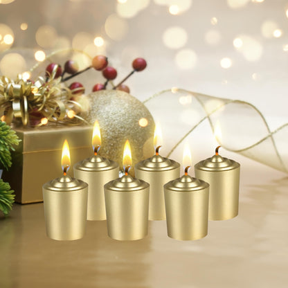 Mega Candles 12 pcs Unscented Gold Votive Candles, Hand Poured Wax Candle 15 Hours 1.5 Inch x 2.25 Inch, Home Décor, Wedding Receptions, Centerpieces, Occasions, Events, Meditations, Holders